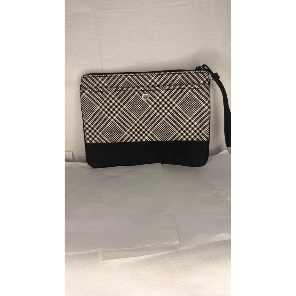Lands End Black White Glen Plaid Canvas Zipper Pouch Wristlet Clutch Bag